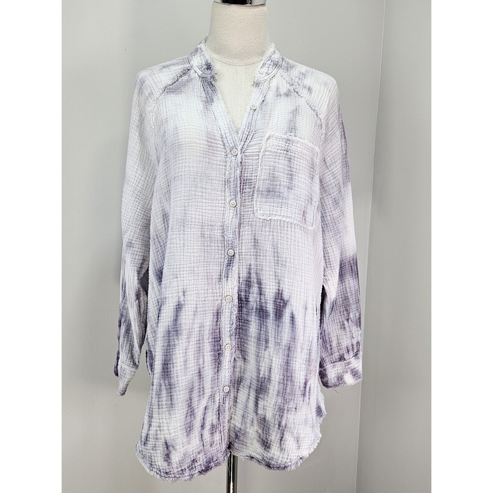 Aerie Women XS Purple White Tie Dye‎ Cotton Gauze Button Down Shirt Oversized